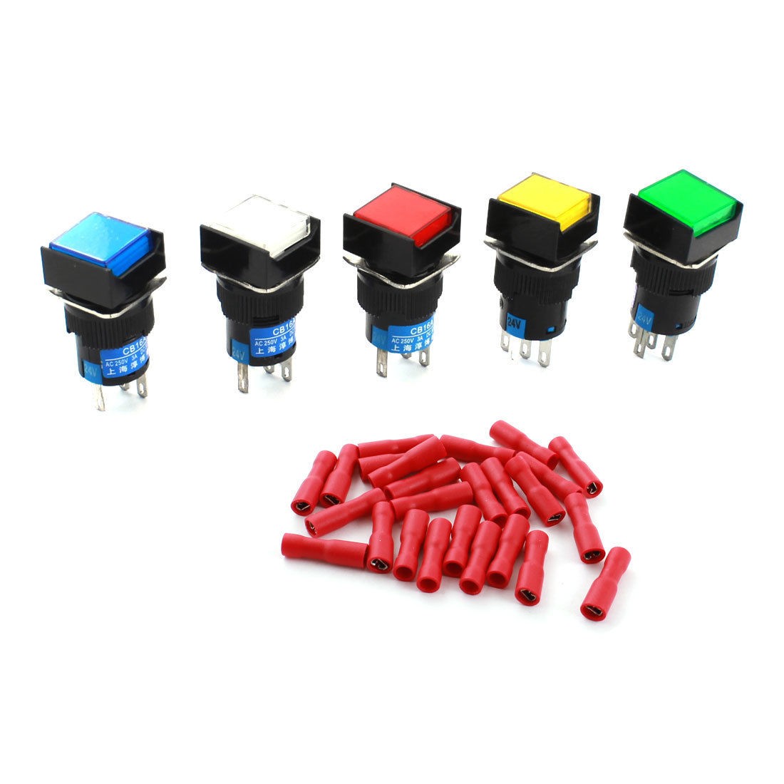 5pcs DC 24V Lamp Momentary Square Push Button Switch + Insulated Crimp Terminal