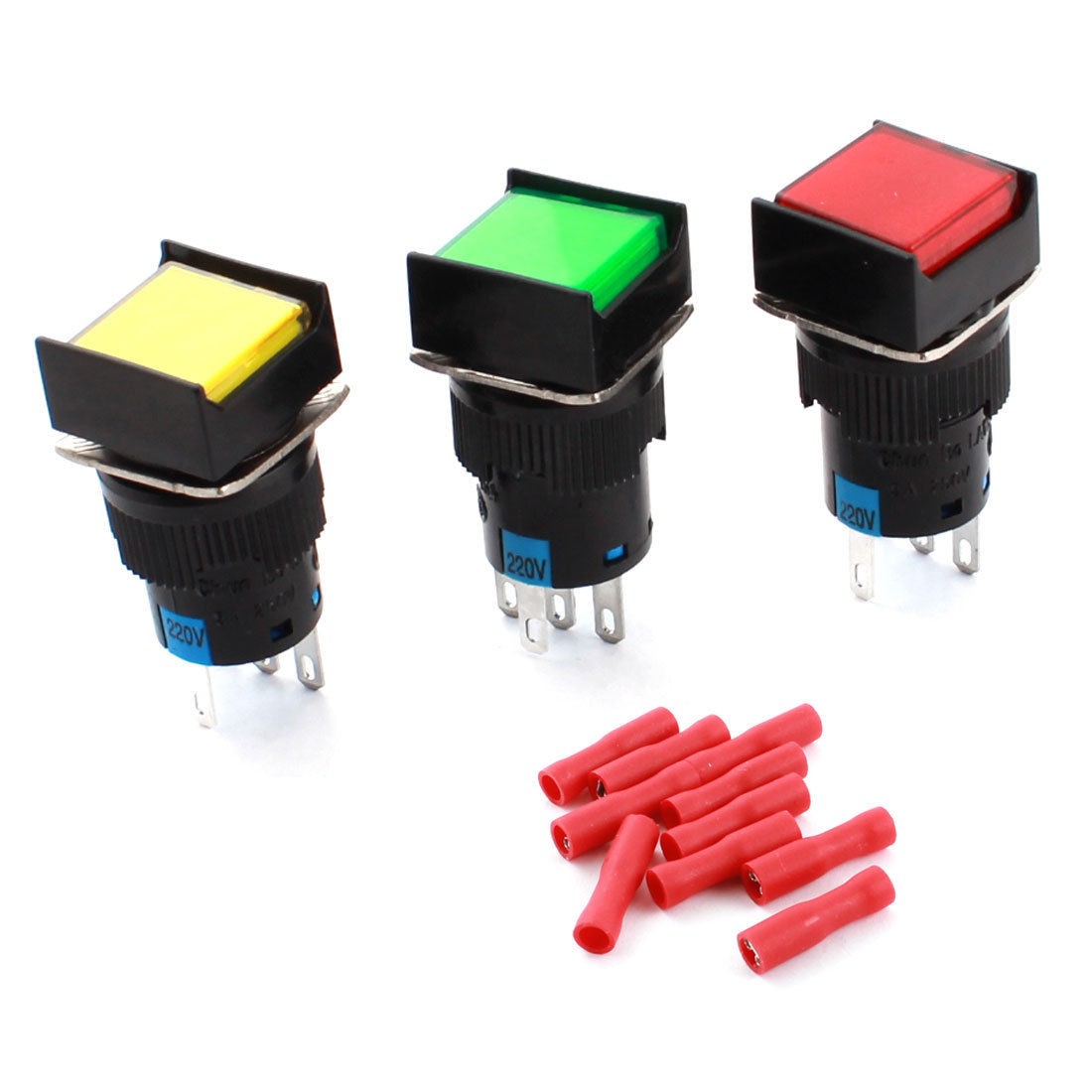 3Pcs AC220V Lamp SPDT Self Locking Square Pushbutton Switch 16mm w Connectors