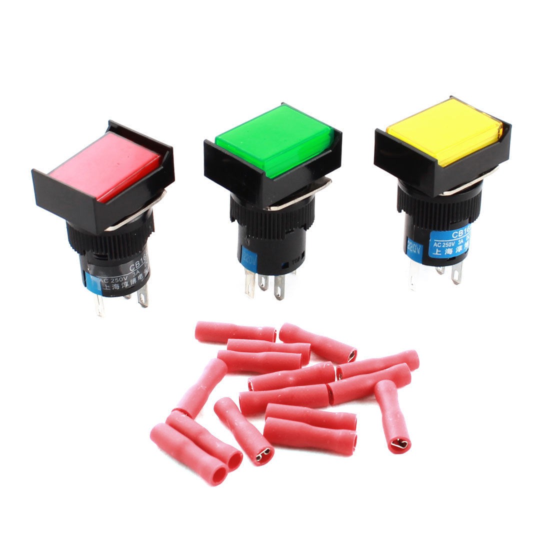 3PCS AC220V Indicator Lamp SPDT Self Locking Push Button Switch 16mm w Connector