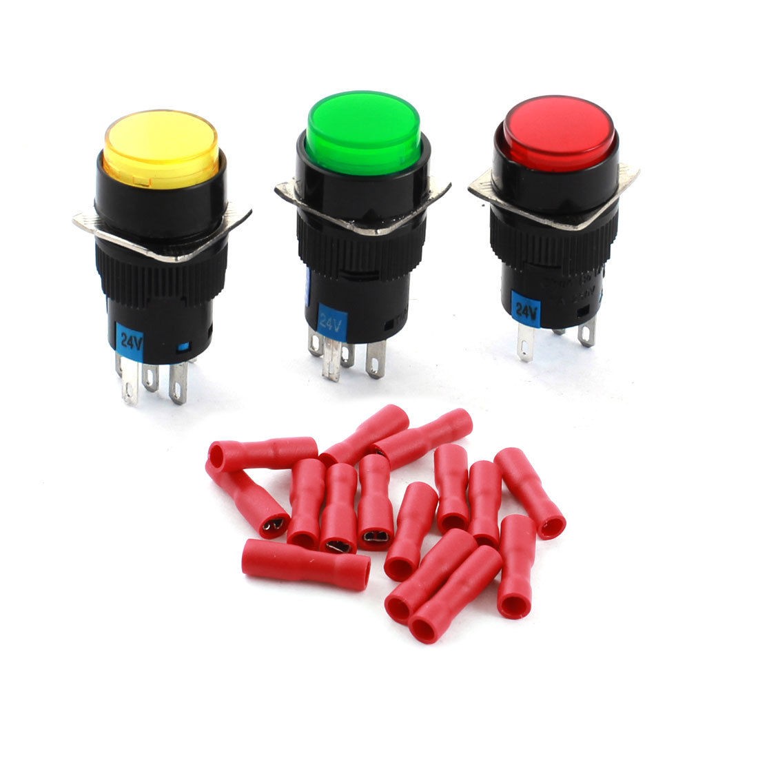 3Pcs DC24V Pilot Light Panel Latching Round Pushbutton Switch w Wiring Terminals