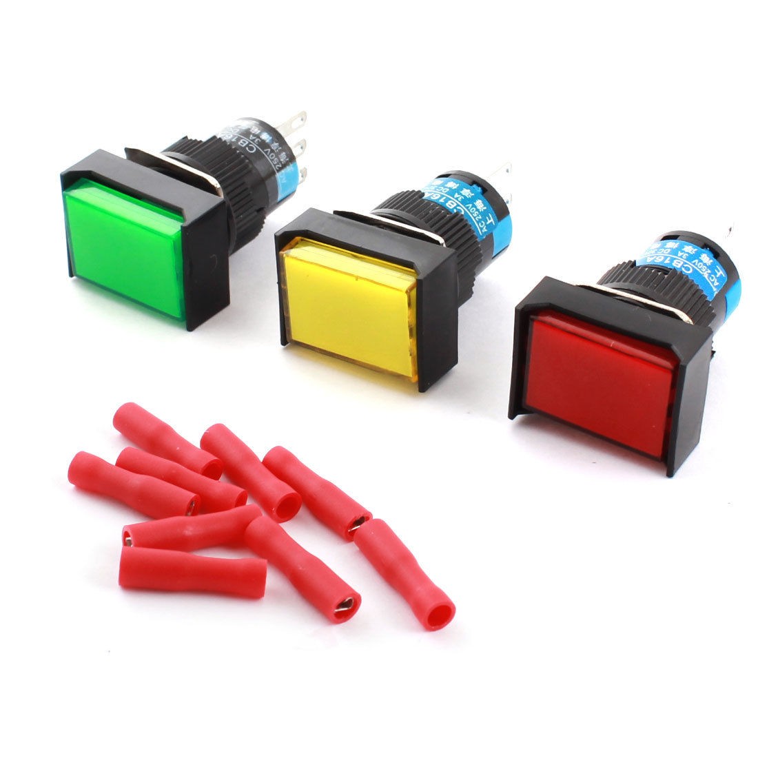 3PCS SPDT Locking Rectangle Pushbutton Switch 16mm + 9pcs Female Connectors