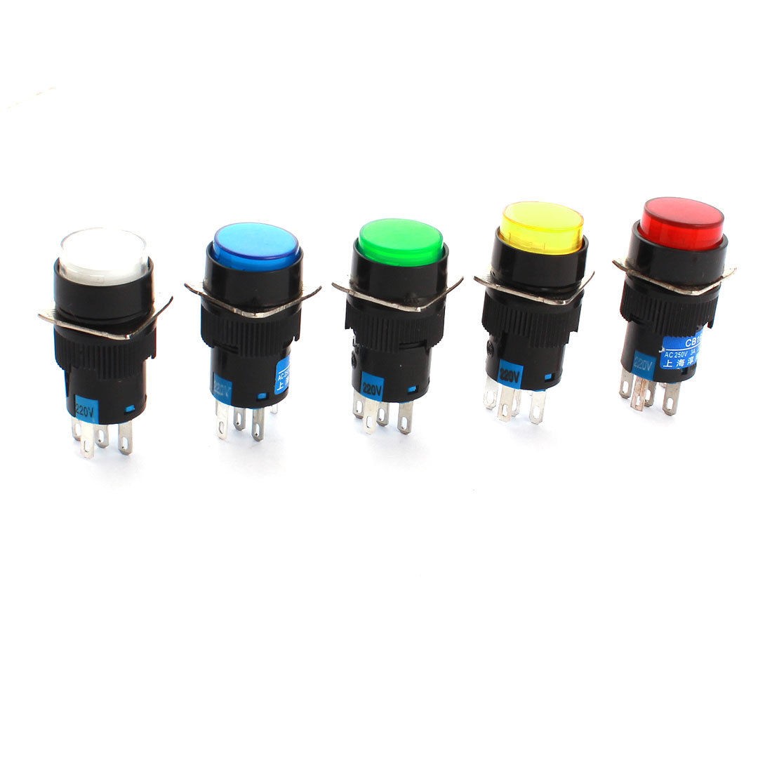 5pcs AC220V Indicator Light SPDT Self-locking Round Head Pushbutton Switch 16mm