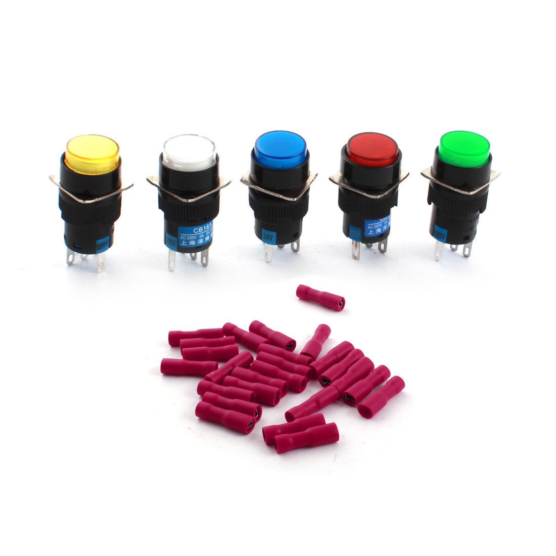 5pcs AC 220V Light SPDT 5 Pin Latching Round Push Button Switch + Spade Terminal