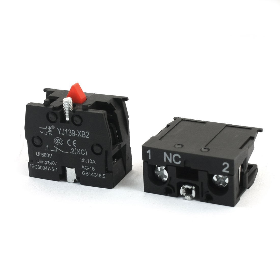 2Pcs 600V 10A SPST NC Spring Load Black Push Button Switch Auxiliary Contact
