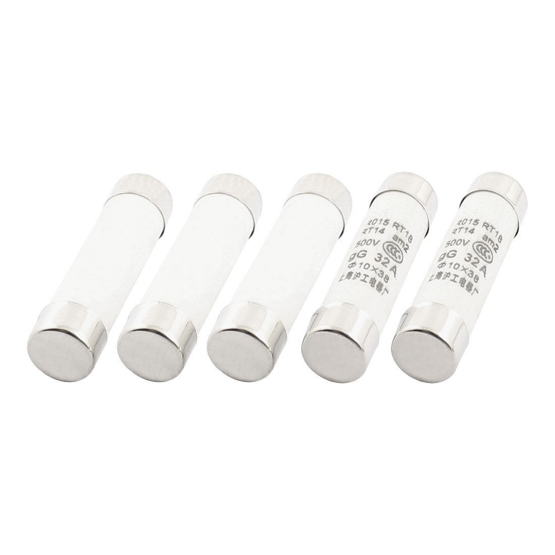5 Pcs AC 500V 32A 10mm x 38mm Cylindrical Fuse Links Silver Tone White