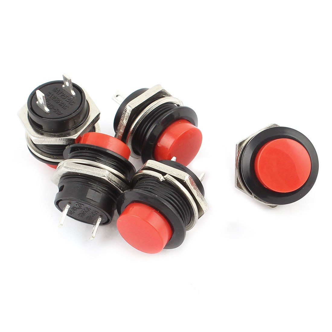 5 Pcs Red Flat Cap Momentary SPST Push Button Switch AC 250V 3A 125V 6A