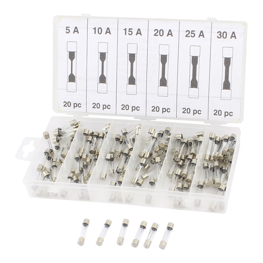 120 x Fast Blow Glass Fuse Tube 6x30mm 5A 10A 15A 20A 25A 30A
