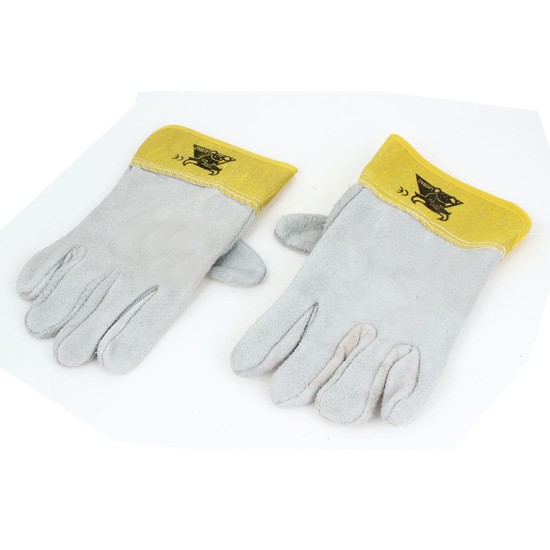 Pair Yellow Gray Full Fingers Denim Faux Suede Welding Work Gloves 10" Long