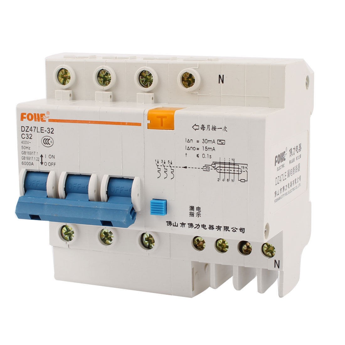 DZ47LE 32 AC 400V 32A 6000A 3 Pole Mini ELCB Earth Leakage Circuit Breaker