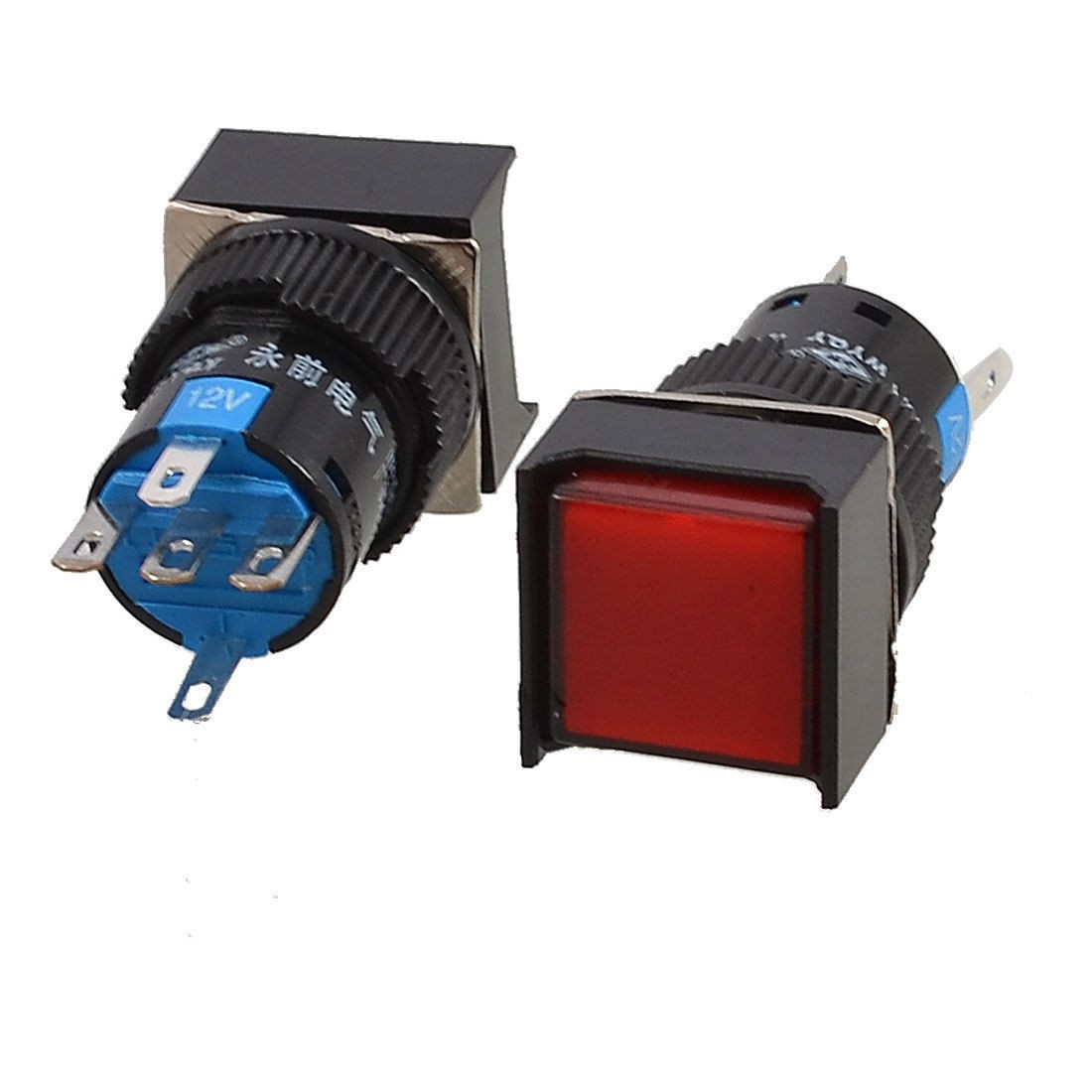 2 Pcs Red Square Cap DC 12V Light SPDT 5 Pins Push Button Switch
