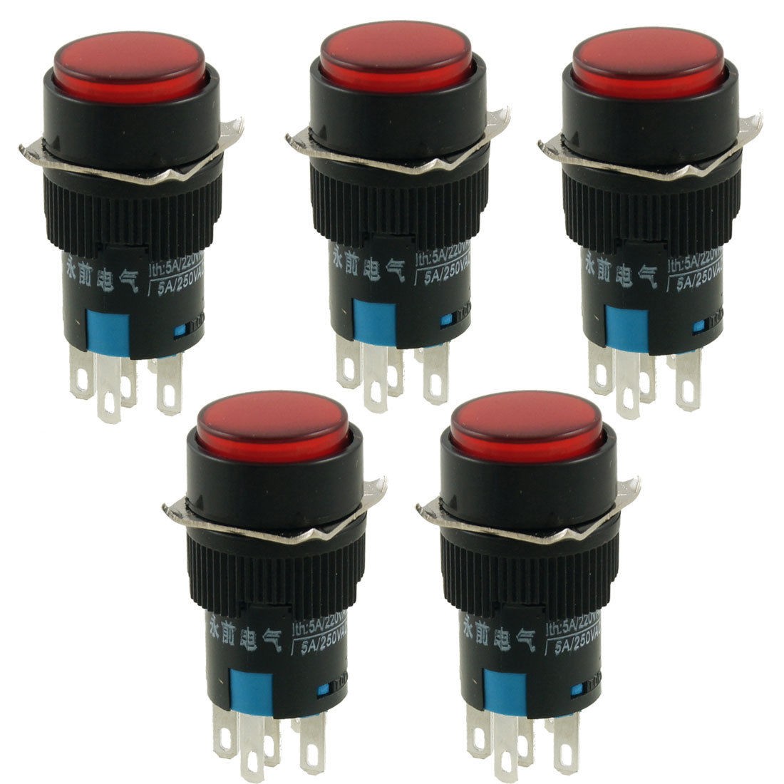 5 Pcs AC 220V Red Lamp Round Latching 1NO 1NC Push Button Switch Hylby
