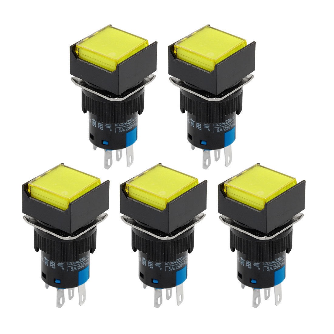 5 x Yellow Light Squared Cap Latching 1NO 1NC Panel Push Button Switch DC 24V
