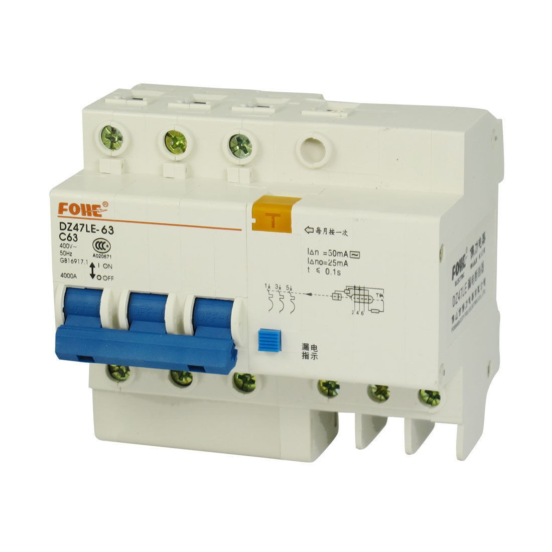 AC 400V 63A 3 Poles Overload Protection ELCB Earth Leakage Circuit Breaker