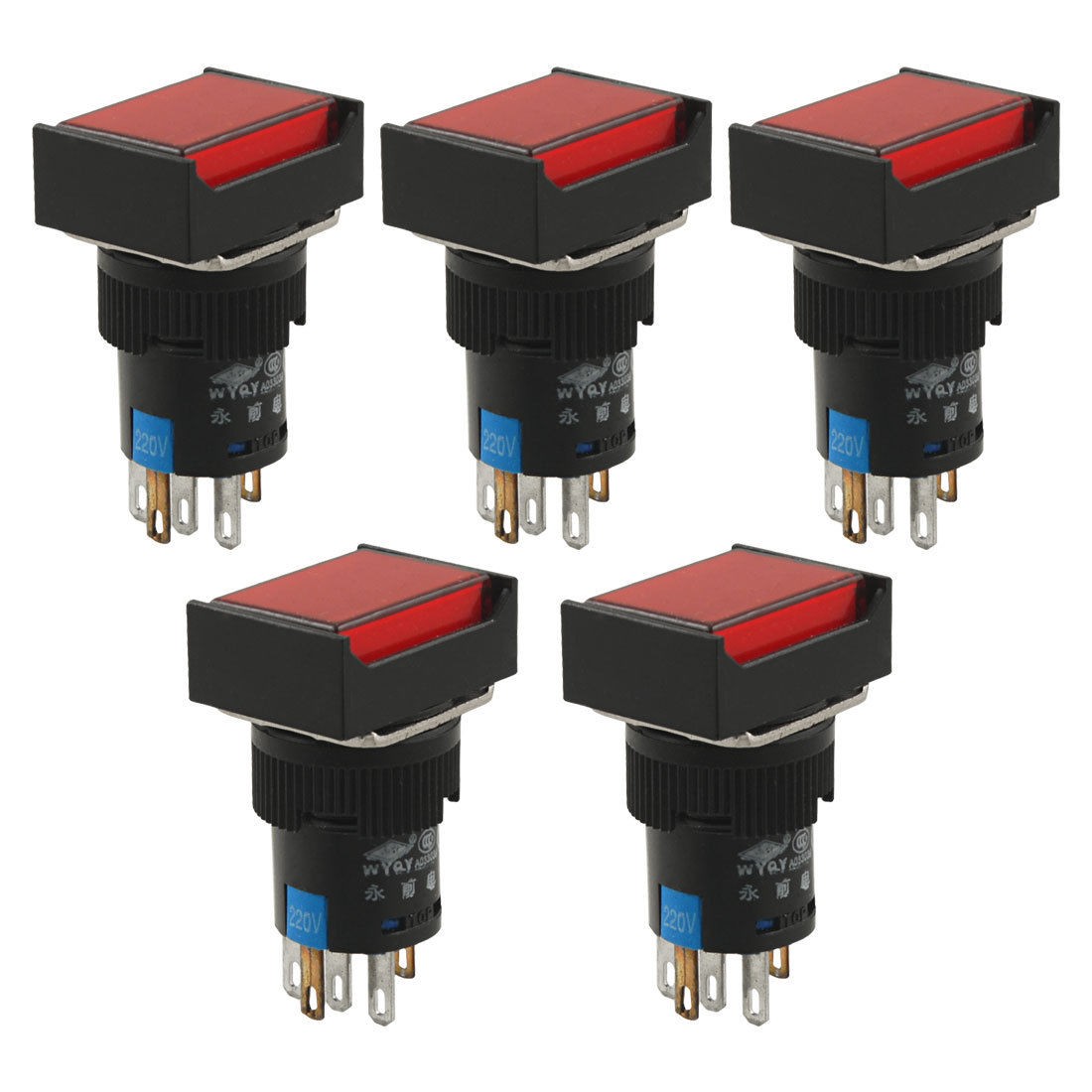 5 Pcs 5P Red Lamp 1NO 1NC Latching Rectangular Push Button Switch AC 220V