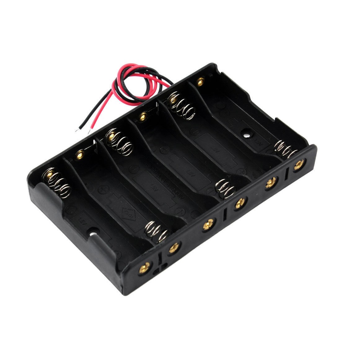 Black Plastic 2 Wire 6 x 1 5V AA Battery Clip Holder Box Case