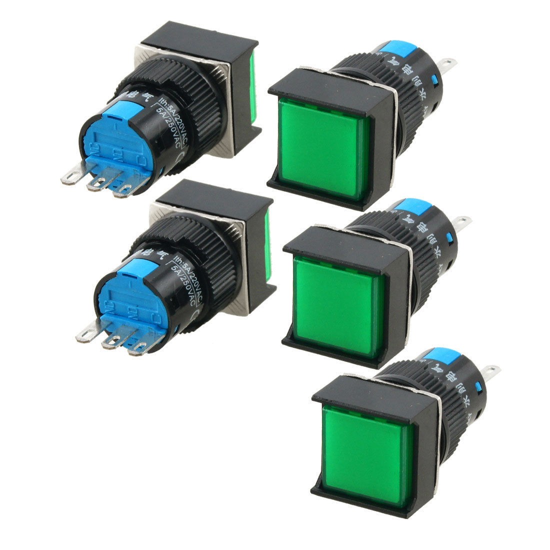 5 Pcs AC 5A 220V 250V SPDT Self Locking Green Square Push Button Switch