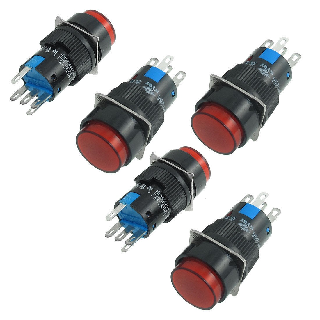 5 x 12V Red Neon Lamp 5P Latching Panel Mount Round Push Button Switch