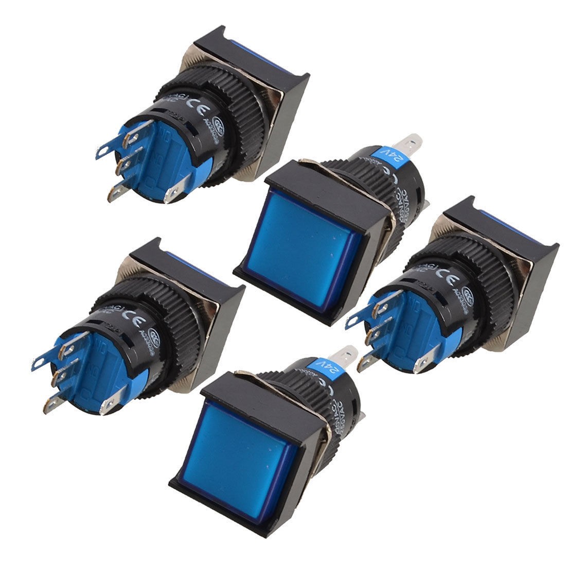 5 Pcs Blue Square Cap DC 24V Light SPDT 5 Pins Push Button Switch