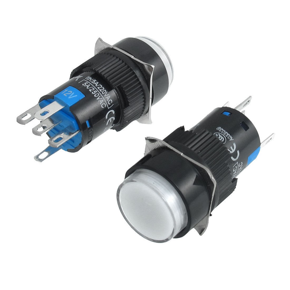 2 Pcs 5P Momentary 1NO 1NC White Neon Light Round Push Button Switch 12V