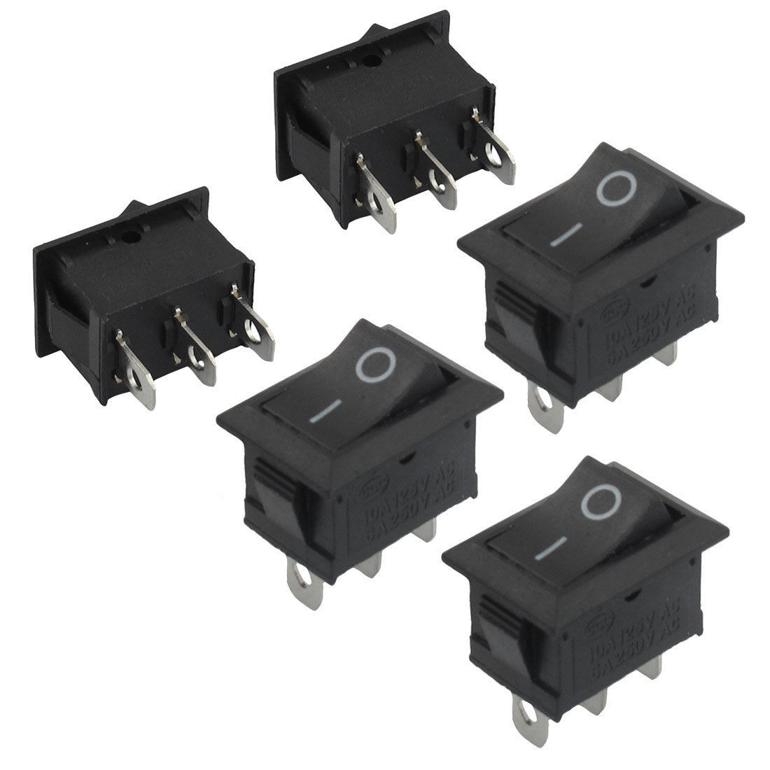 5 Pcs 3 Pin SPDT Black On/On Rocker Switch AC 250V/6A 125V/10A