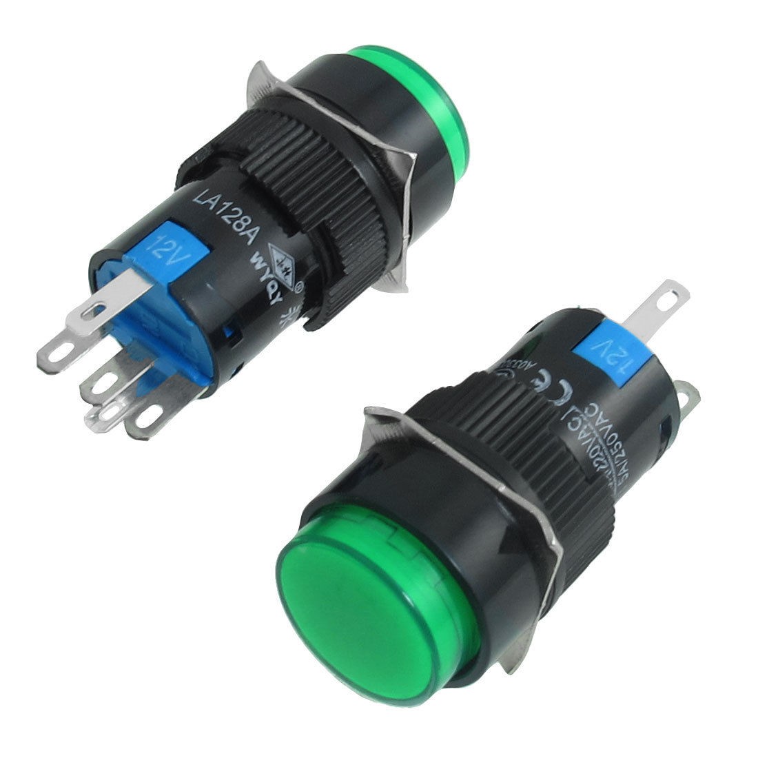 2 x 5P Momentary 1NO 1NC Green Neon Light Round Push Button Switch 12V