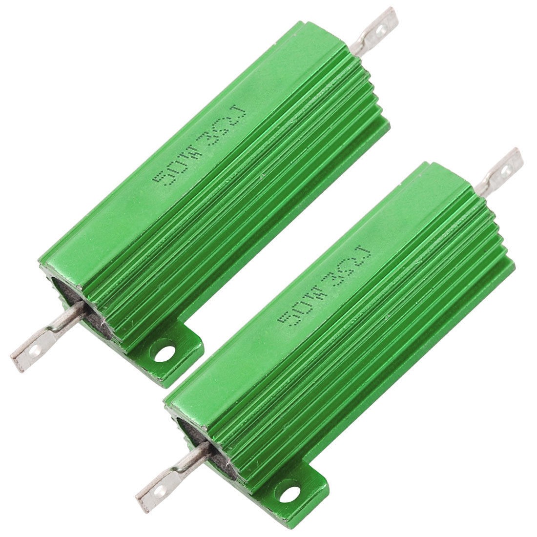 2 x Chassis Mounted 50W 3 Ohm 5% Aluminum Case Wirewound Resistors Green