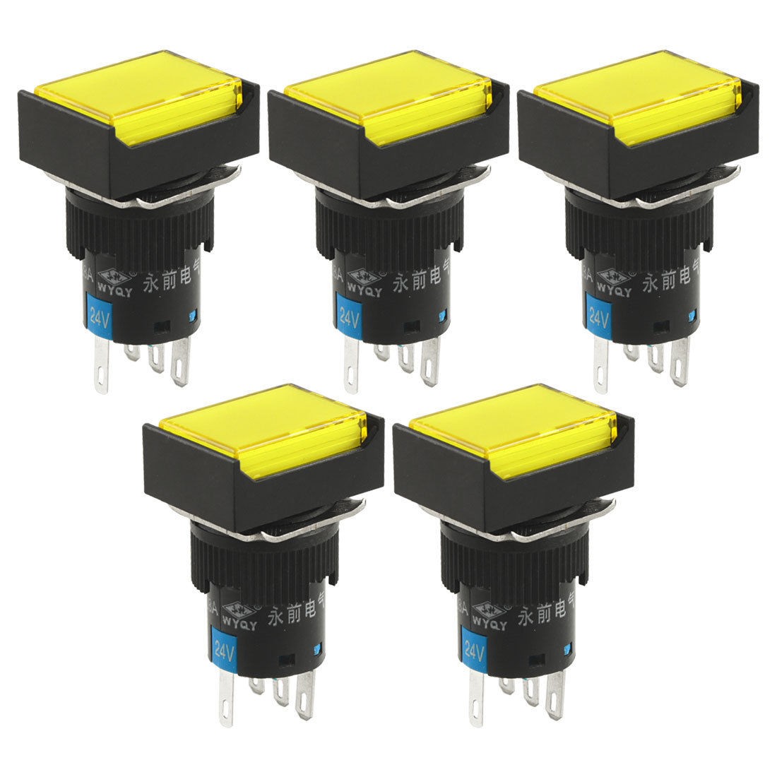 DC 24V Yellow Lamp 1NO 1NC Latching Rectangular Push Button Switch 5 Pcs