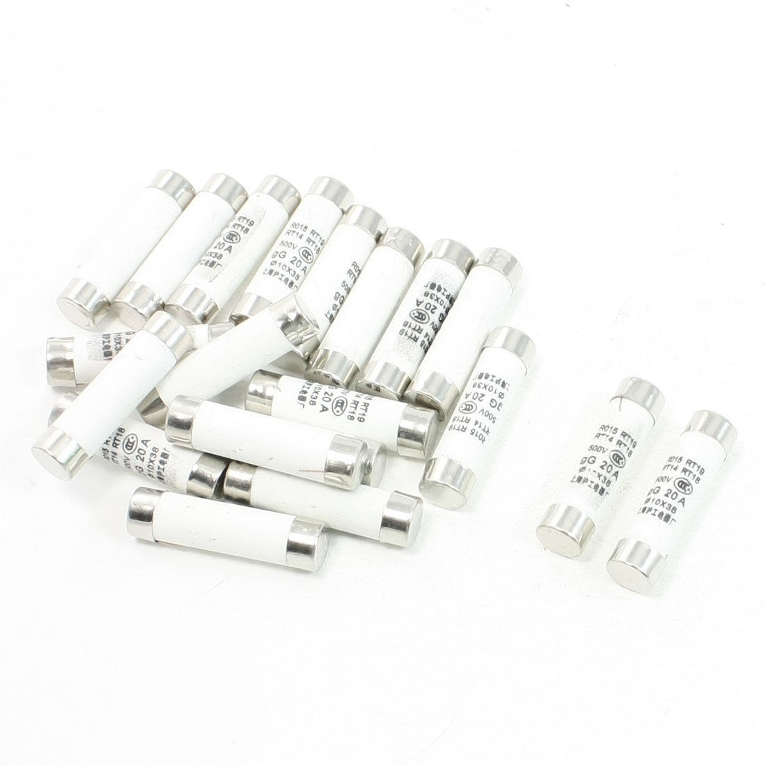 20 Pcs 500V 20A 10x38mm Cylindrical Ceramic Tube Fuses Link R015 RT14 RT18 RT19