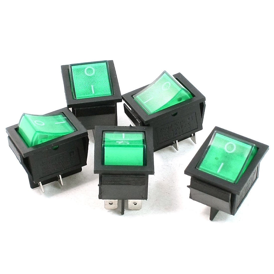 AC 10A 250V/20A 125V Green Neon Lamp 4 Pin DPST ON/OFF Rocker Switch 5 Pcs