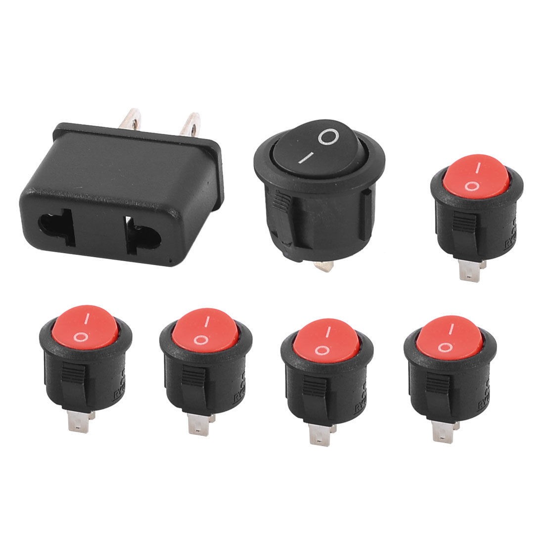 US Plug 7 in 1 Black Red SPST Round Rocker Switch 250V/6A 125V/10A w AC Adapter