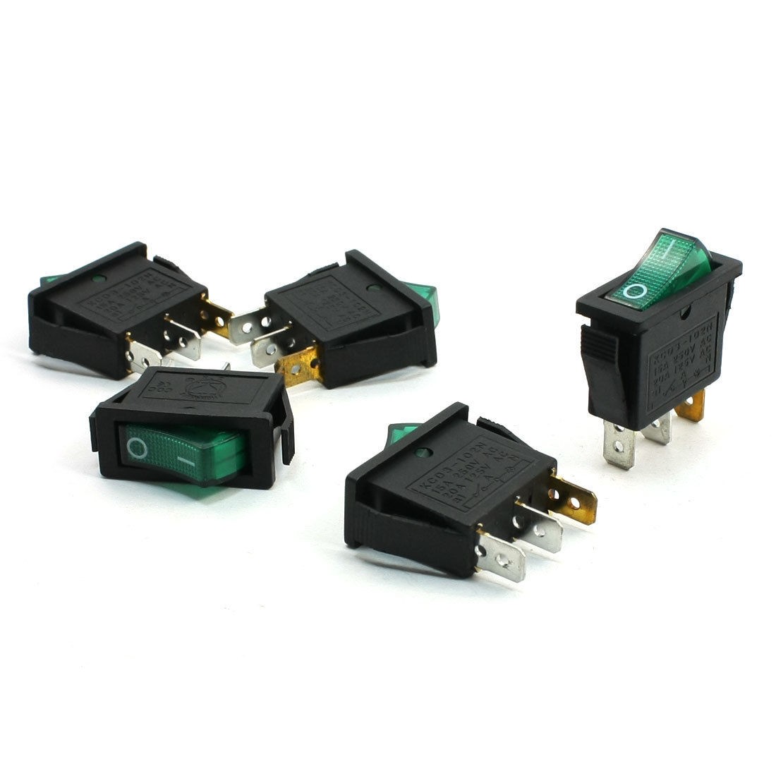 5pcs AC 250V/15A 125V/20A 3P SPST ON/OFF Green Light Boat Rocker Switch