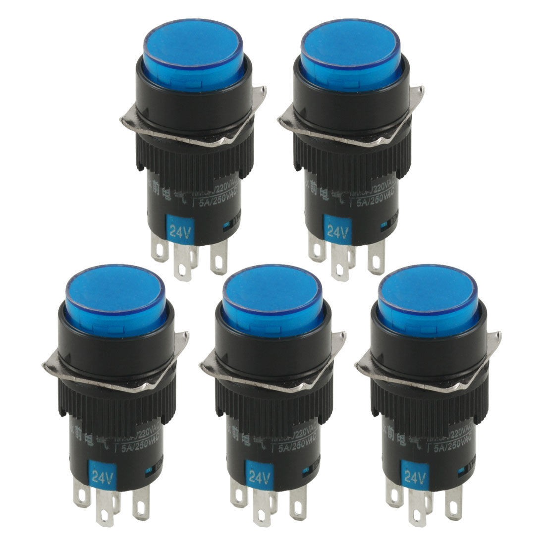 5 Pcs DC 24V Blue Lamp 1NO 1NC Round Momentary Push Button Switch