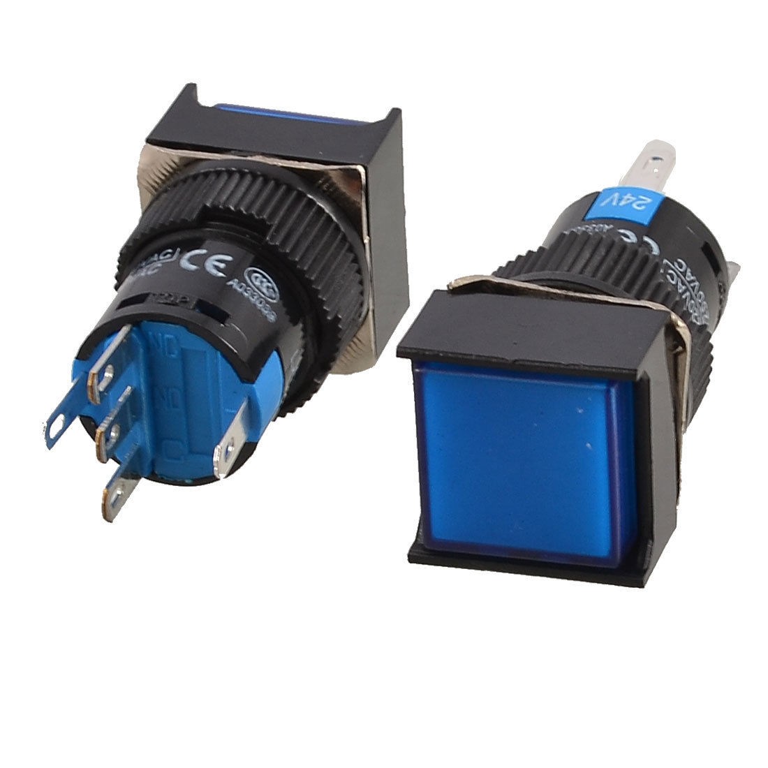 2 Pcs DC 24V Blue Light Square Cap SPDT 5 Pins Latching 16mm Push Button Switch