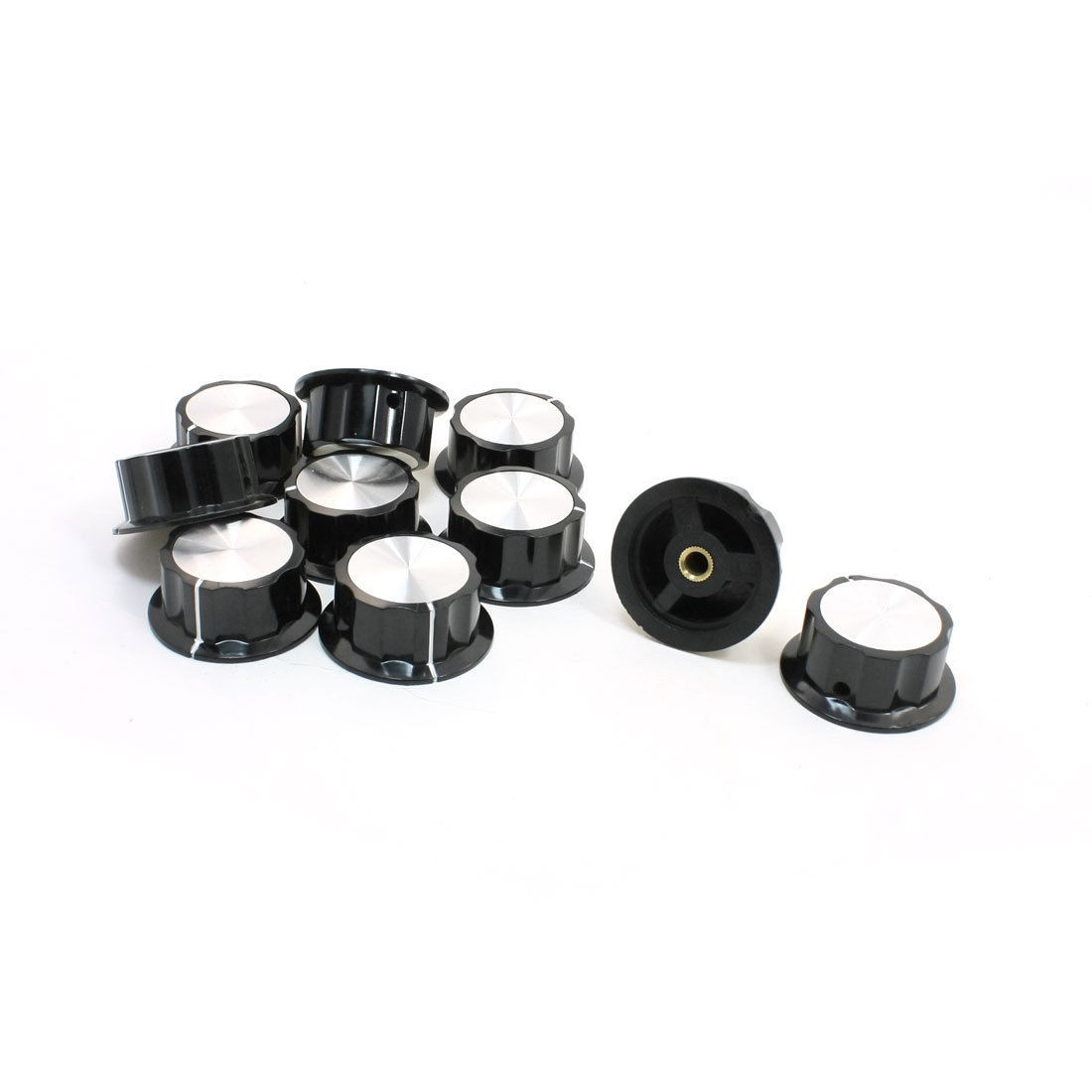 10pcs 6mm Shaft Dia White Mark Brass Tone Core Potentiometer Knobs Caps