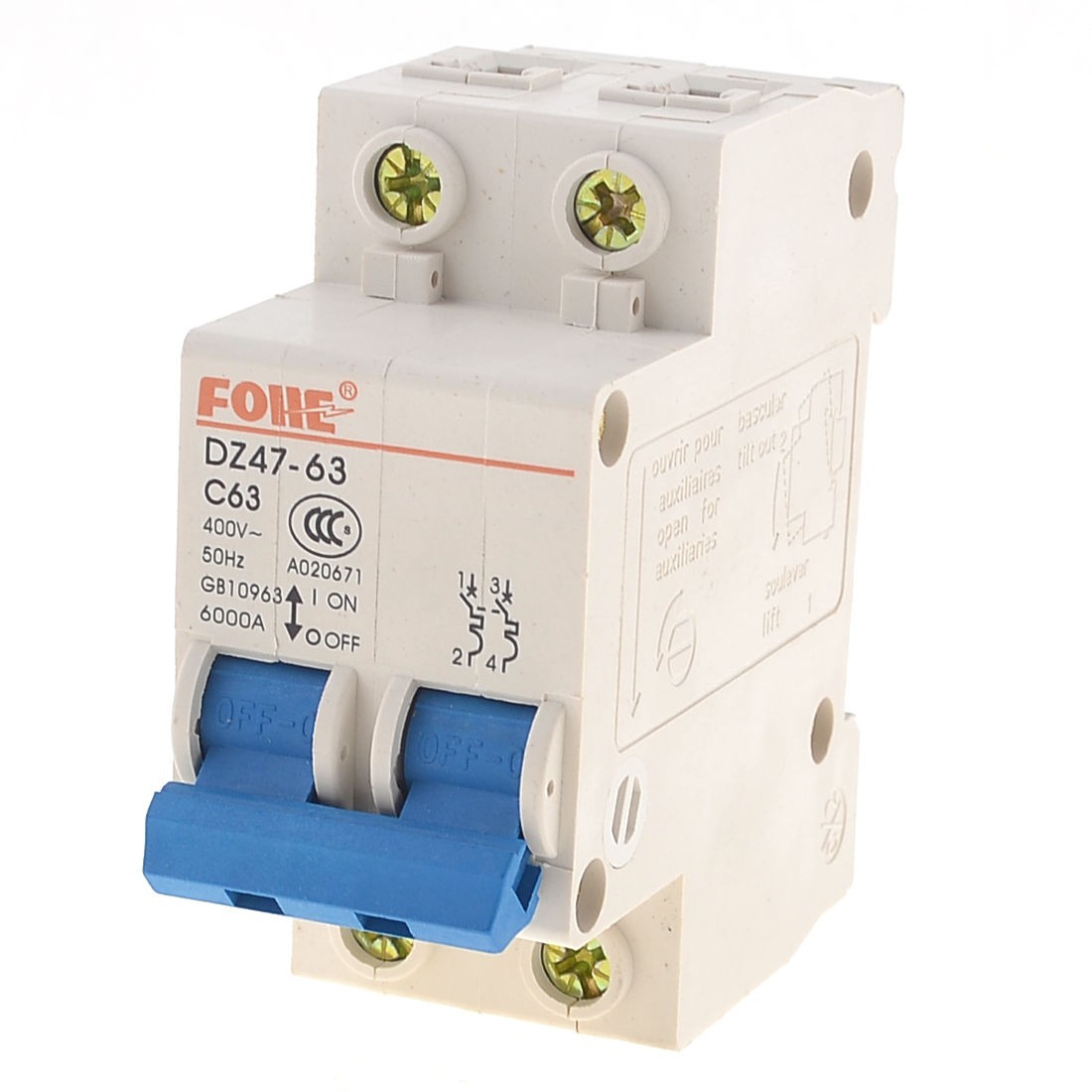 6000A Overload Protection 2 Poles Moulded Case Circuit Breaker DZ47-63 C63