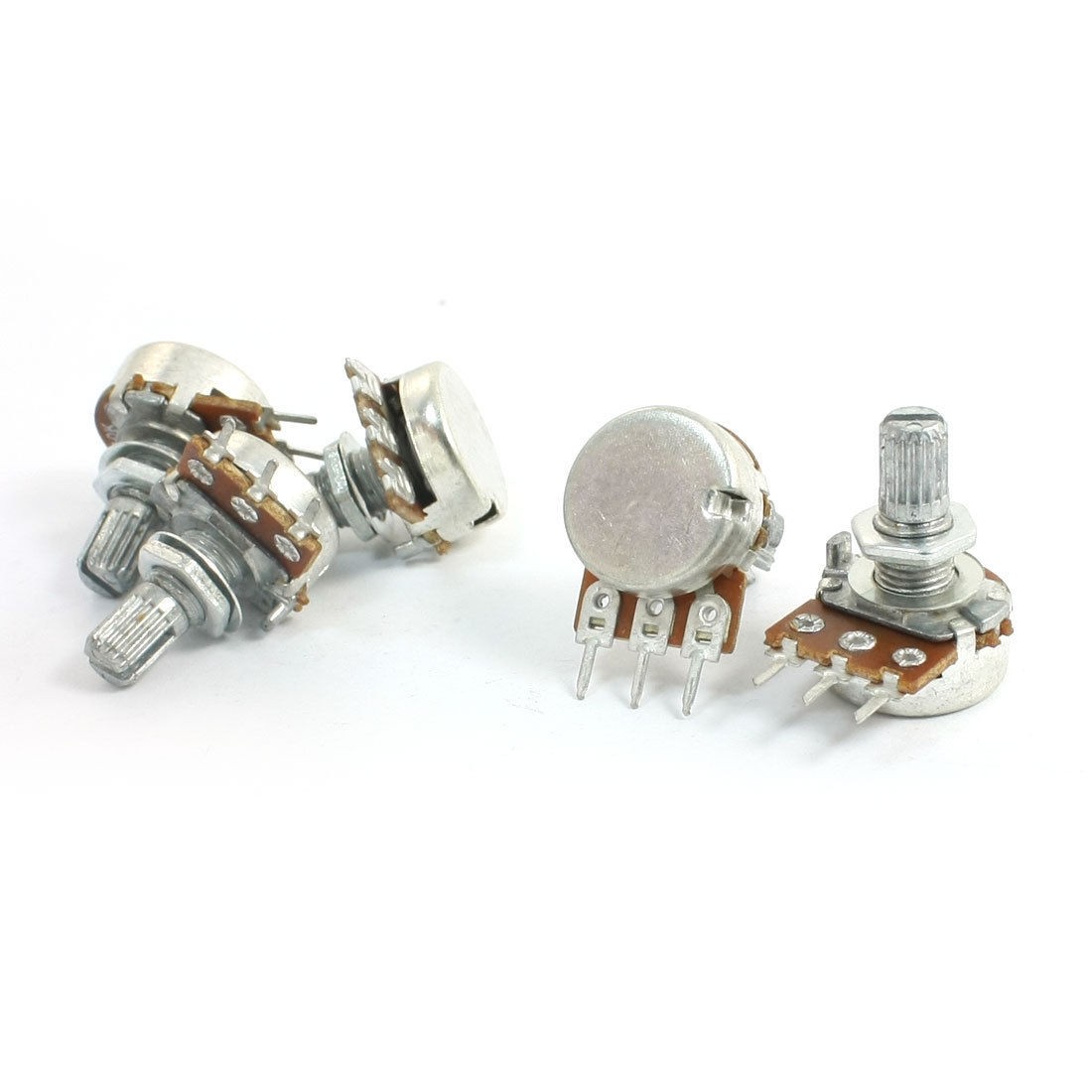 5Pcs B10K 3 Terminals 8mm Metal Rotating Shaft Audio Potentiometers