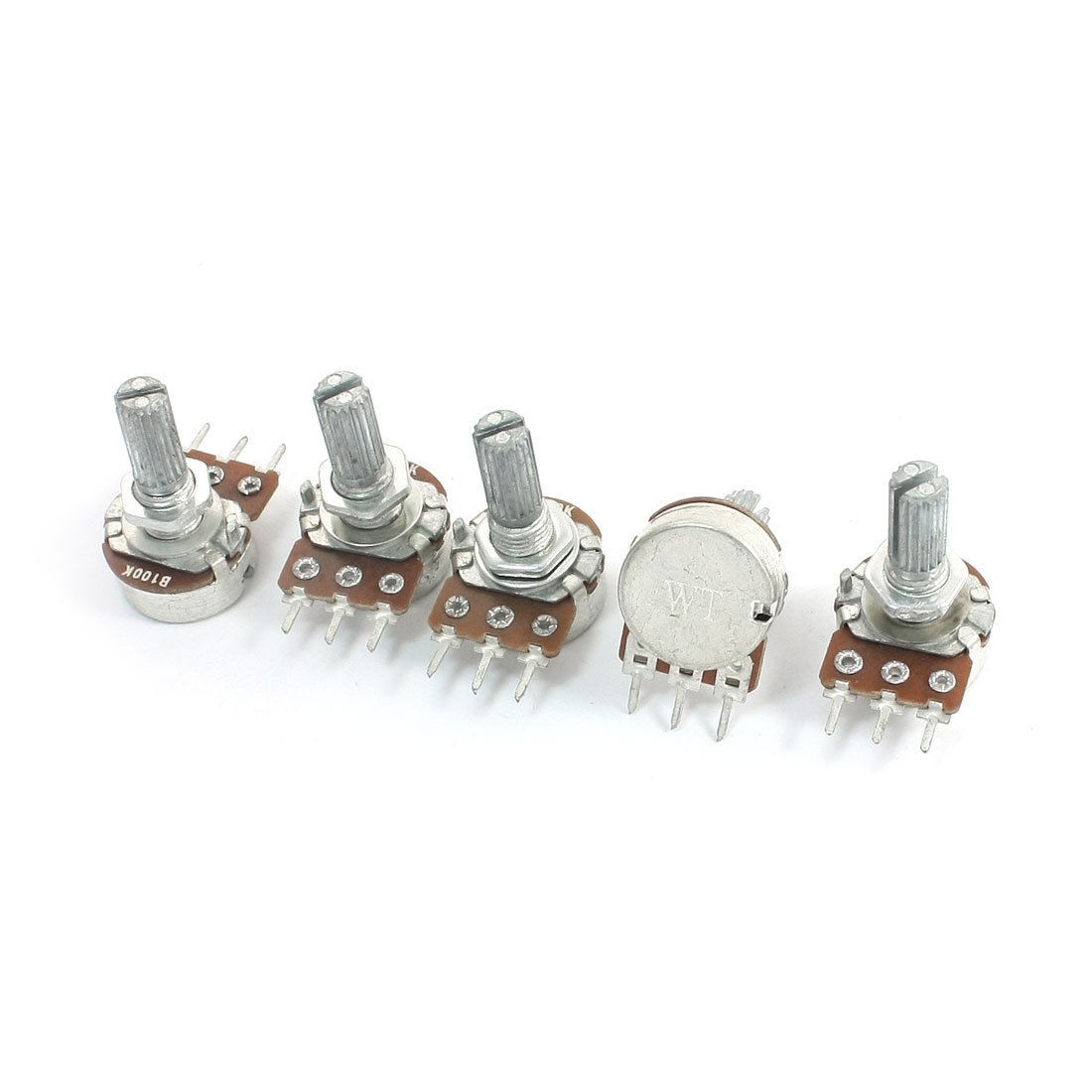 5Pcs B100K 100K Ohm 13mm Metal Rotating Shaft Rotary Audio Taper Potentiometers