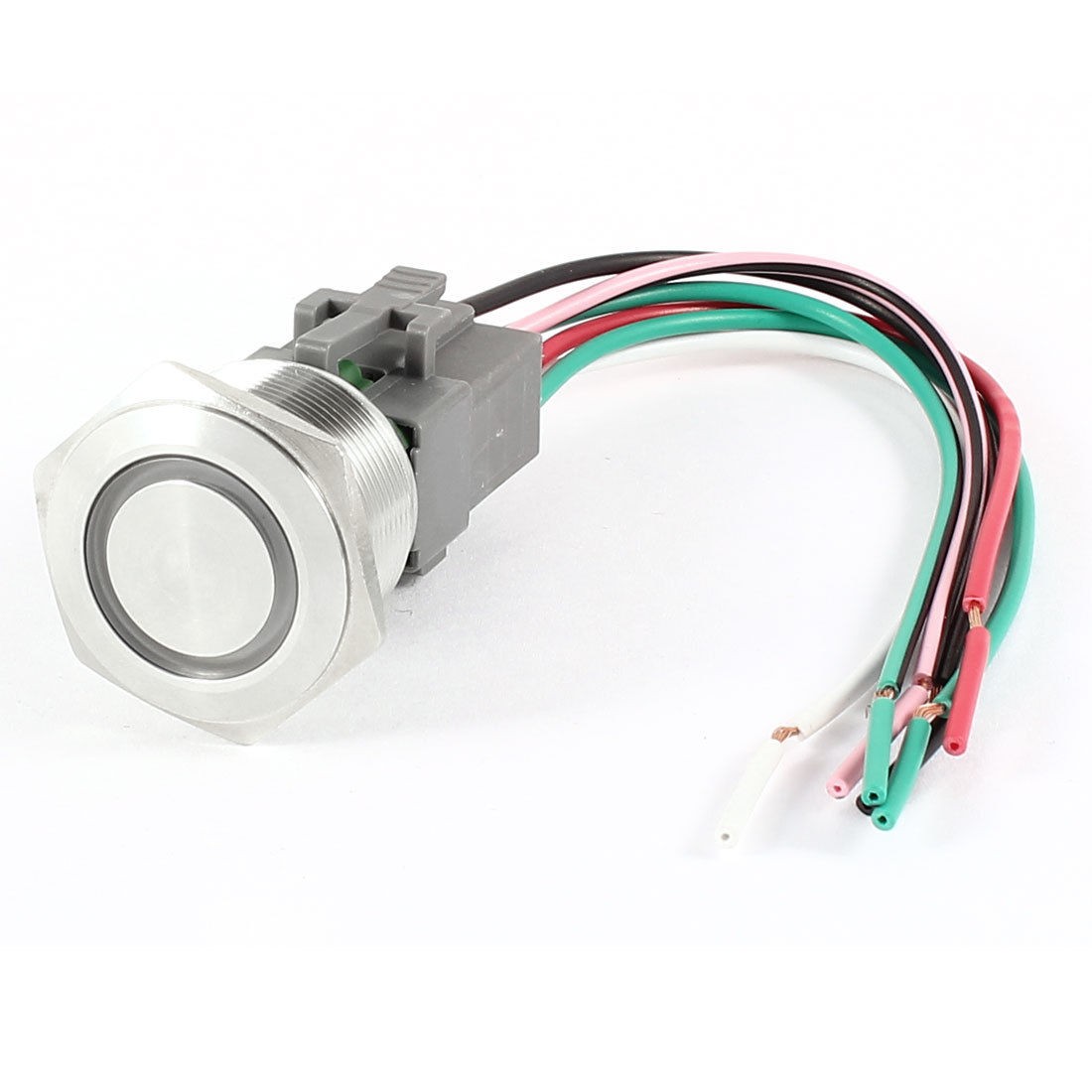 Flat Head DPST 25mm DC 24V Green Indicator Lamp Metal Locking Push Button Switch