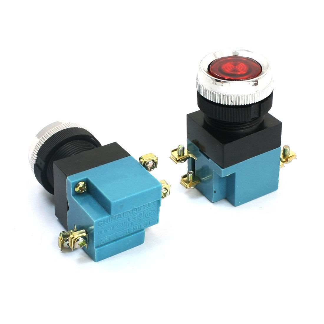 2 Pcs 380V 5A 24mm Thread Panel Mount DPST Momentary Red Button Push Switch