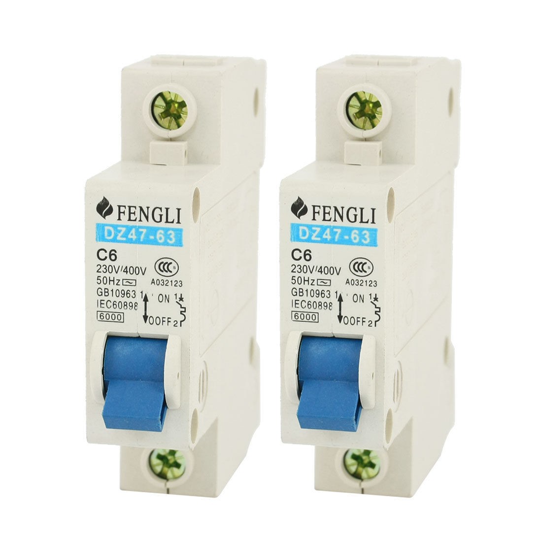 AC230V/400V 6A 6000A Max. Overload Protection 1Phase Circuit Breaker 2 Pcs