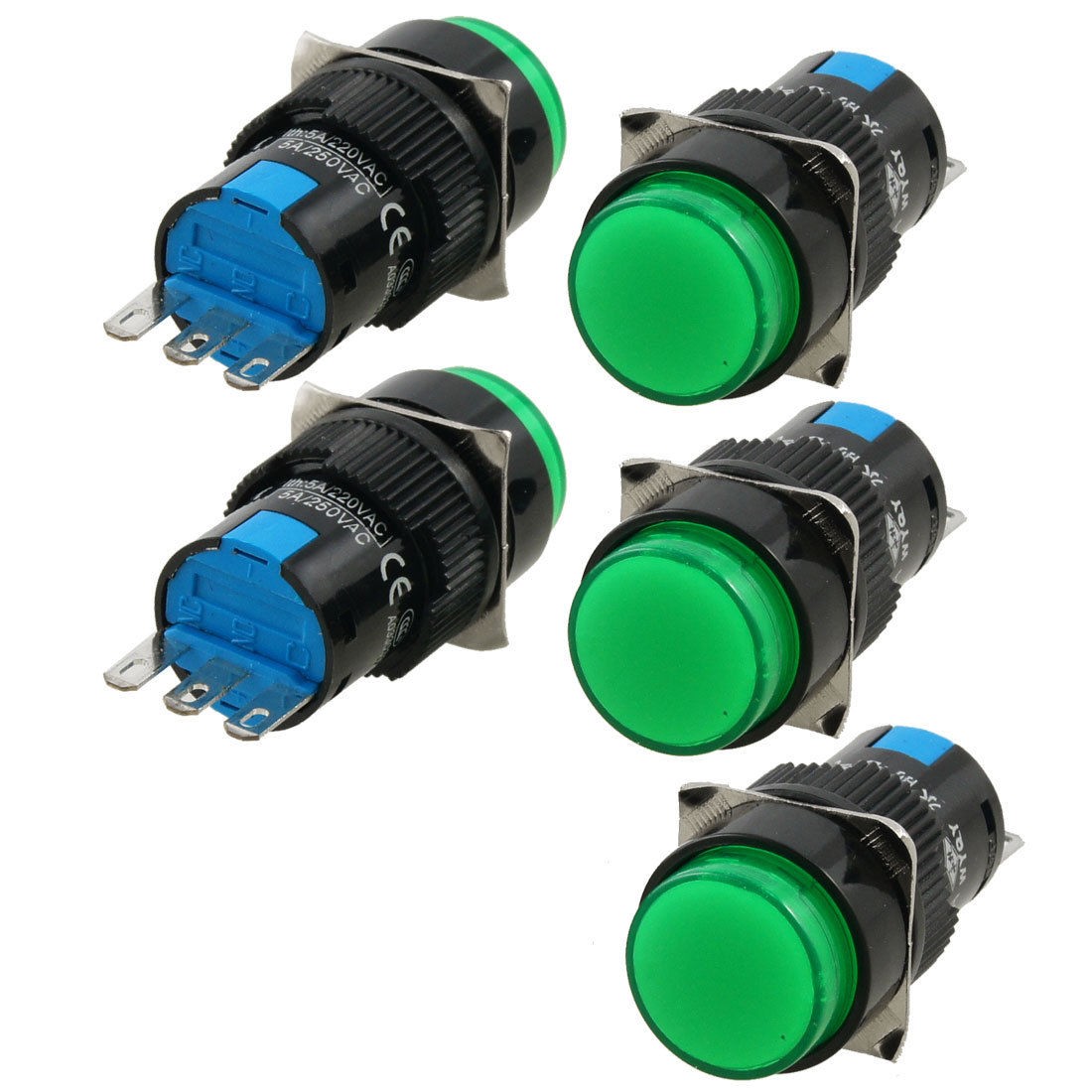 5 Pcs SPDT Green Self Locking Panel Mount Push Button Switch AC 250V 5A