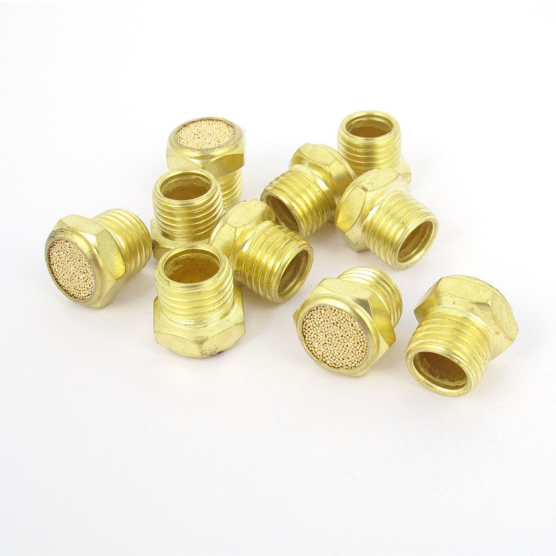10 Pcs Flat Pneumatic Noise Muffler Filter Sintered Gold Tone 1/4PT Male Thread