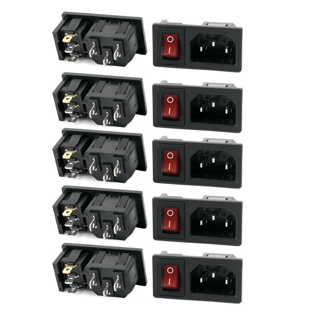 AC250V 10A 3 Pin Red Light Rocker Switch IEC320 C14 Inlet Socket w Fuse 10 Pcs
