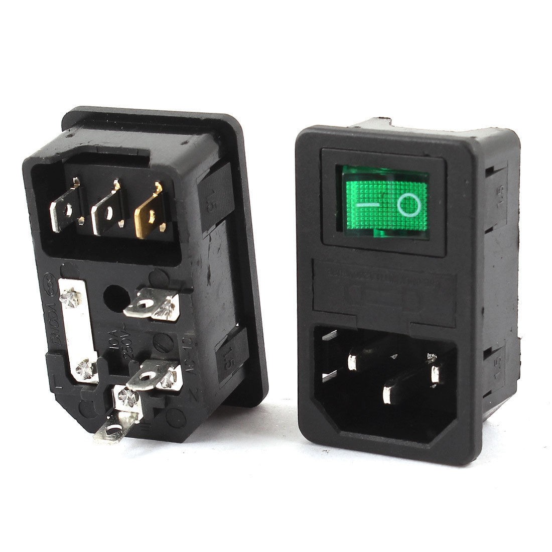 AC250V 10A SPST Green Lamp Rocker Switch IEC320 C14 Inlet Socket w Fuse 2 Pcs
