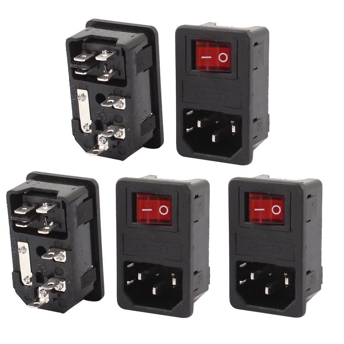 AC 250V 10A IEC 320 C14 Inlet Panel Socket w Fuse w Red Lamp Rocker Switch 5Pcs