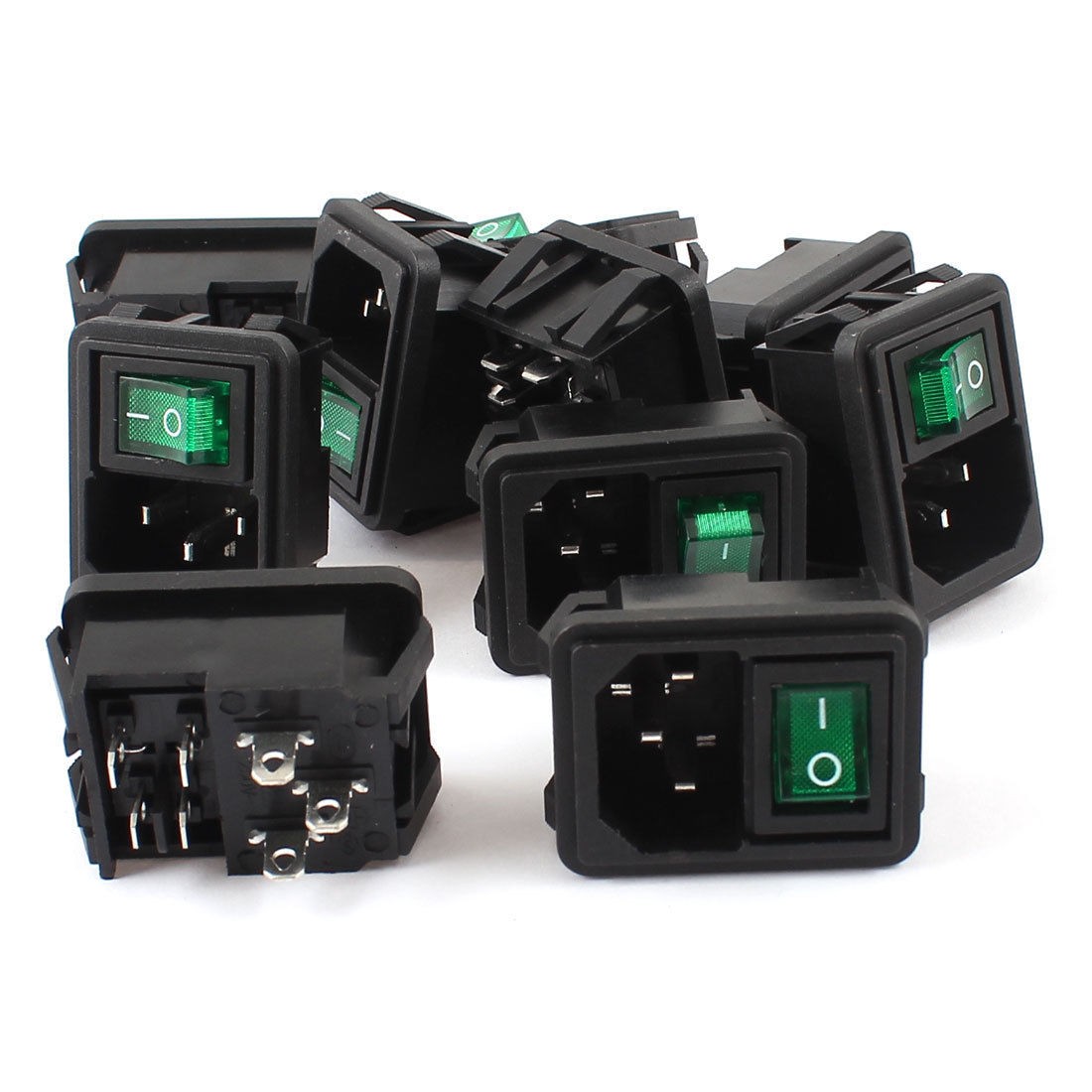 10 Pcs 4 Pin DPST Green Light Rocker Switch IEC320 C14 Power Socket AC 10A 250V