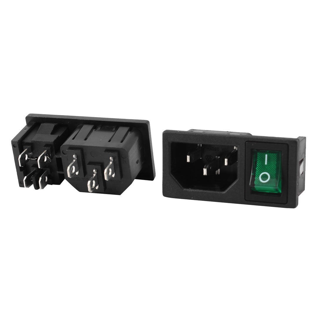 AC250V 10A DPST I/O Green Lamp Rocker Switch IEC320 C14 Inlet Socket w Fuse 2Pcs