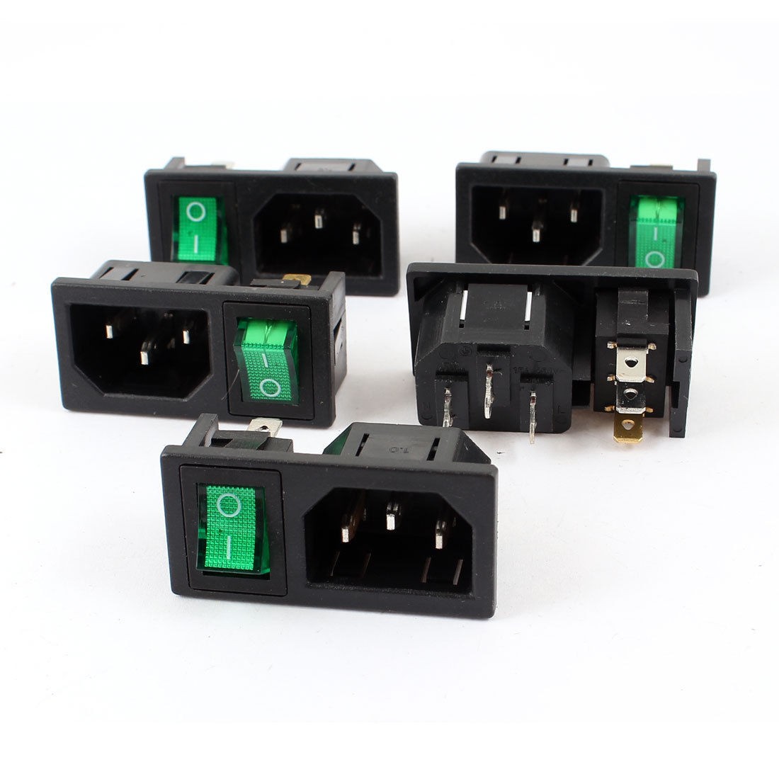 5 Pcs Green Lamp Panel Mount Rocker Switch IEC320 C14 Power Socket AC 10A 250V