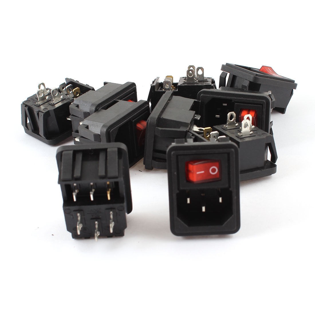 10 Pcs 3 Pin SPST Red Light Rocker Switch IEC320 C14 Power Socket AC 10A 250V