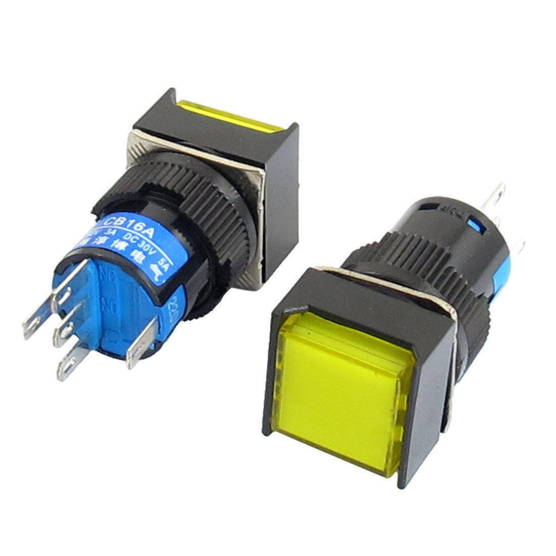 2Pcs AC 220V Lamp 5P SPDT Yellow Square Cap Latching Push Button Switch